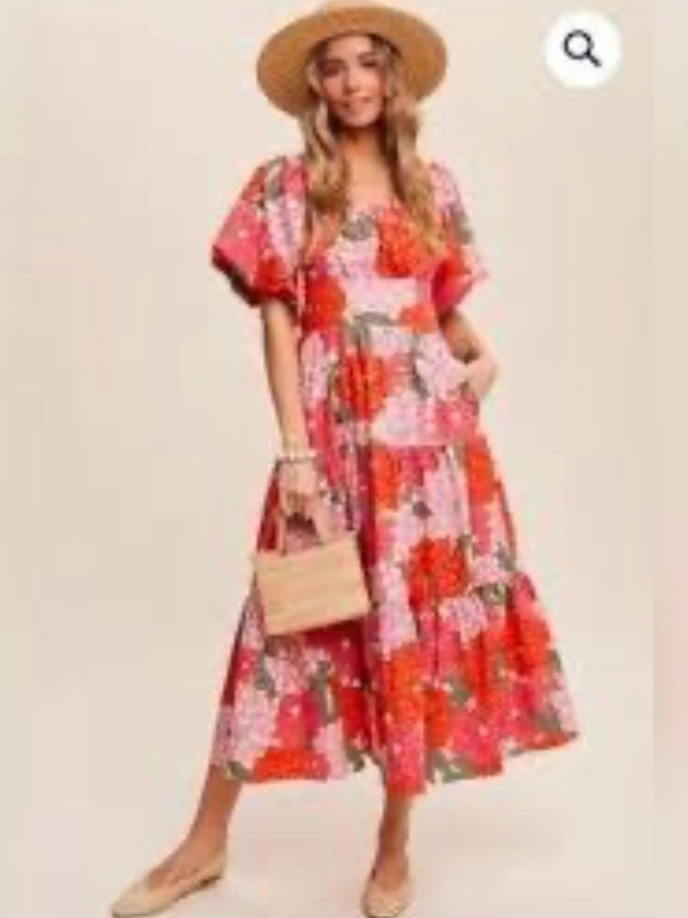 Women’s Cottagecore Floral Smocked Tiered Midi Dress Pink Red New Small